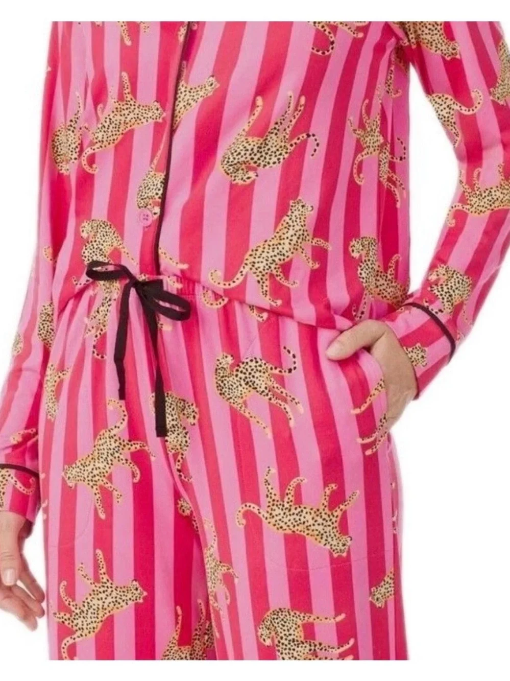 Room Service Women's Notch Collar Pajama Set in Pink & Fuchsia Stripe
